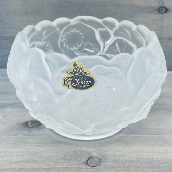 Frosted Satin Round Glass Rose Bowl FENTON Sticker Water Lily - Picture 1 of 10